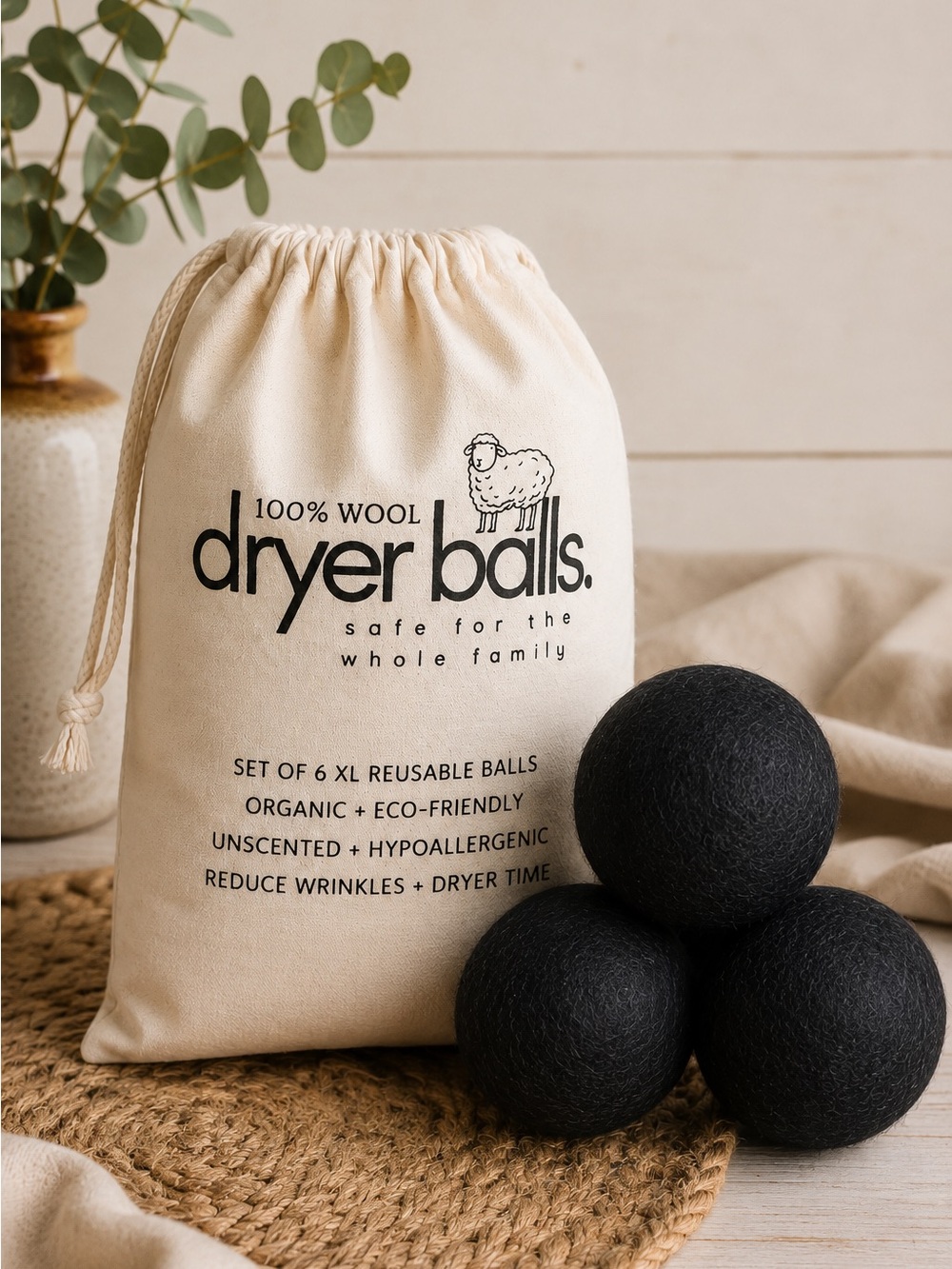 100% Wool Dryer Balls Set - Black (6 Pack)